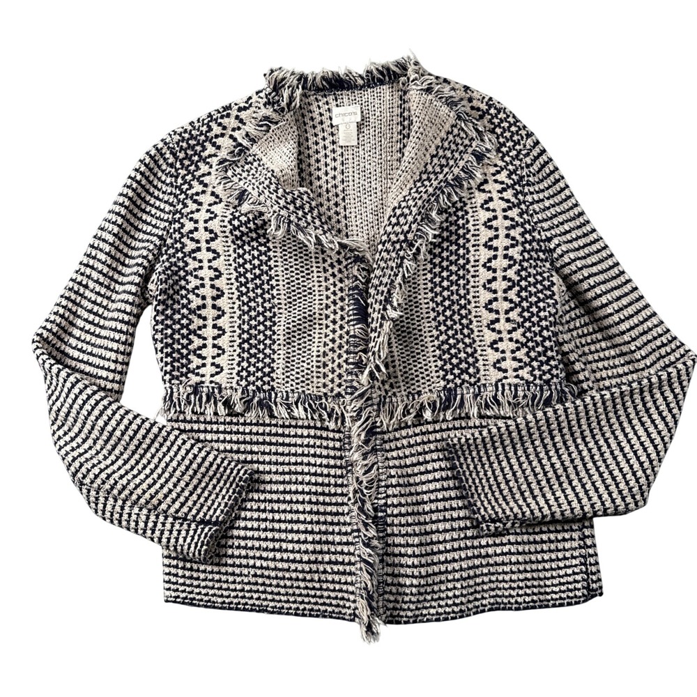 Chicos Jacket Womens 0 PETITE (US PS) Knit Open Front Fringe Festival Boho Artsy
